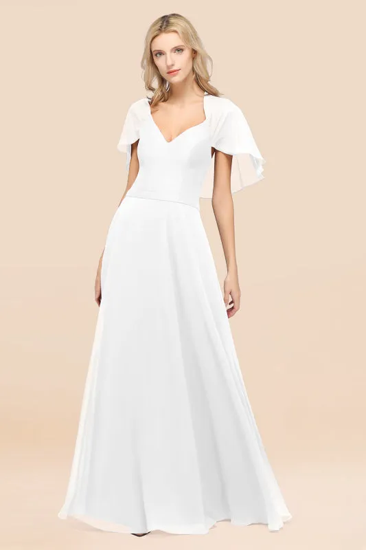 Elegant Satin V-Neck Chiffon Bridesmaid Dress Long with Flutter Sleeve