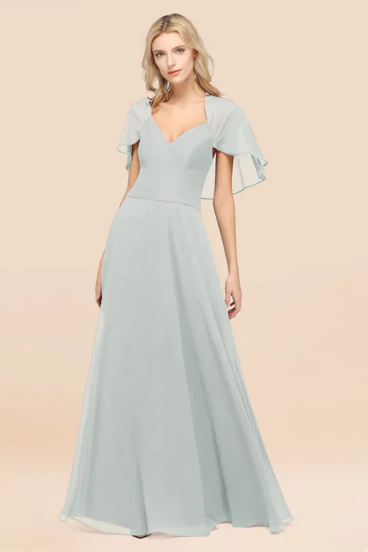 Elegant Satin V-Neck Chiffon Bridesmaid Dress Long with Flutter Sleeve