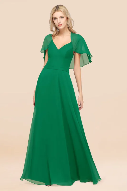 Elegant Satin V-Neck Chiffon Bridesmaid Dress Long with Flutter Sleeve