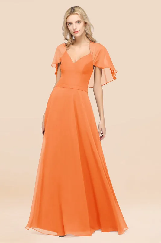 Elegant Satin V-Neck Chiffon Bridesmaid Dress Long with Flutter Sleeve