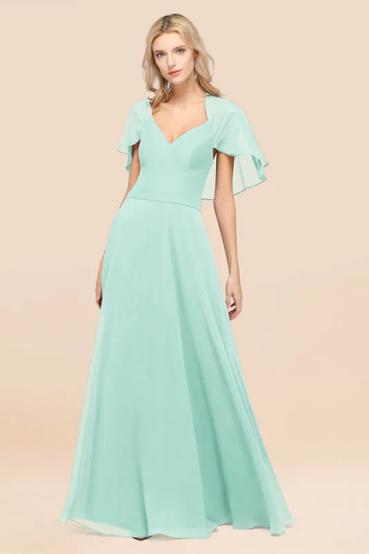 Elegant Satin V-Neck Chiffon Bridesmaid Dress Long with Flutter Sleeve