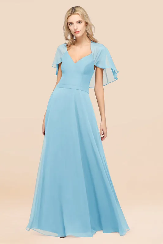 Elegant Satin V-Neck Chiffon Bridesmaid Dress Long with Flutter Sleeve
