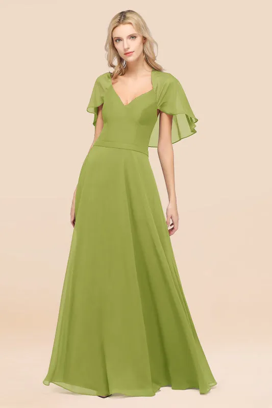 Elegant Satin V-Neck Chiffon Bridesmaid Dress Long with Flutter Sleeve