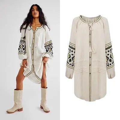 FashionSierra - 2024 Cotton Floral Embroidery O-neck Boho Dress