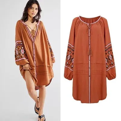 FashionSierra - 2024 Cotton Floral Embroidery O-neck Boho Dress