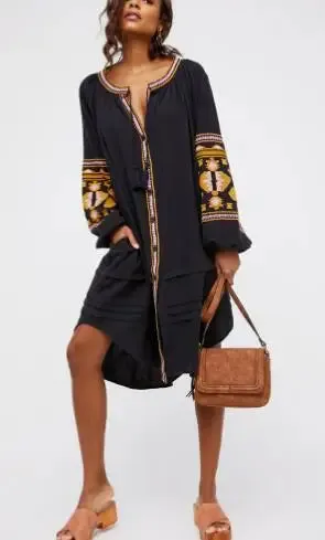 FashionSierra - 2024 Cotton Floral Embroidery O-neck Boho Dress