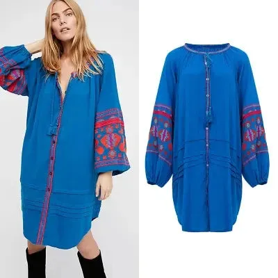 FashionSierra - 2024 Cotton Floral Embroidery O-neck Boho Dress
