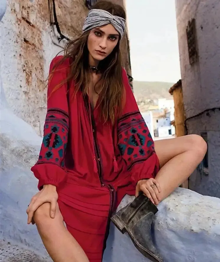 FashionSierra - 2024 Cotton Floral Embroidery O-neck Boho Dress