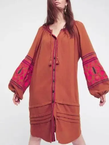 FashionSierra - 2024 Cotton Floral Embroidery O-neck Boho Dress