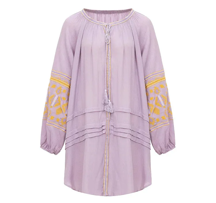 FashionSierra - 2024 Cotton Floral Embroidery O-neck Boho Dress