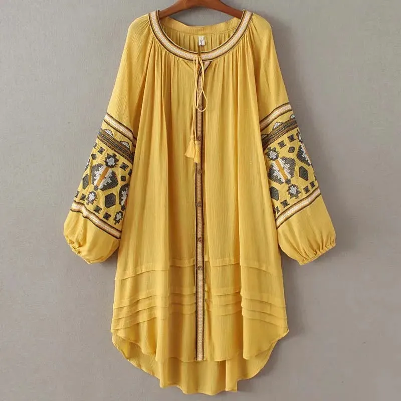 FashionSierra - 2024 Cotton Floral Embroidery O-neck Boho Dress