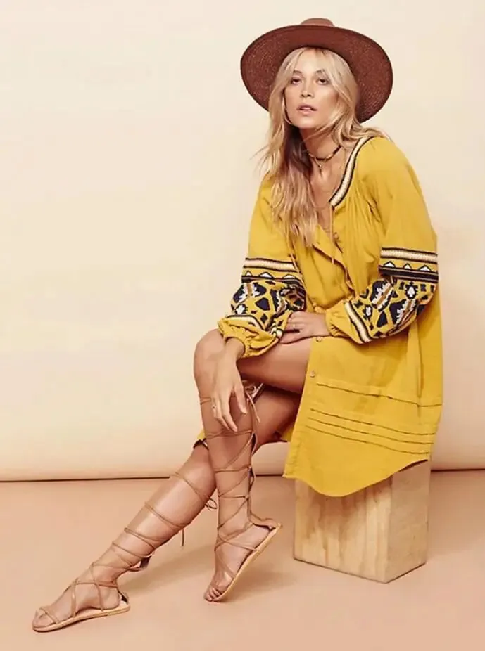 FashionSierra - 2024 Cotton Floral Embroidery O-neck Boho Dress