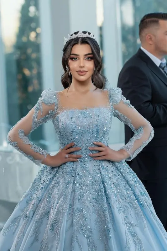 Gorgeous Satin A-Line Wedding Dresses Long Sleeves Square Neck Tulle Appliques Bridal Dress