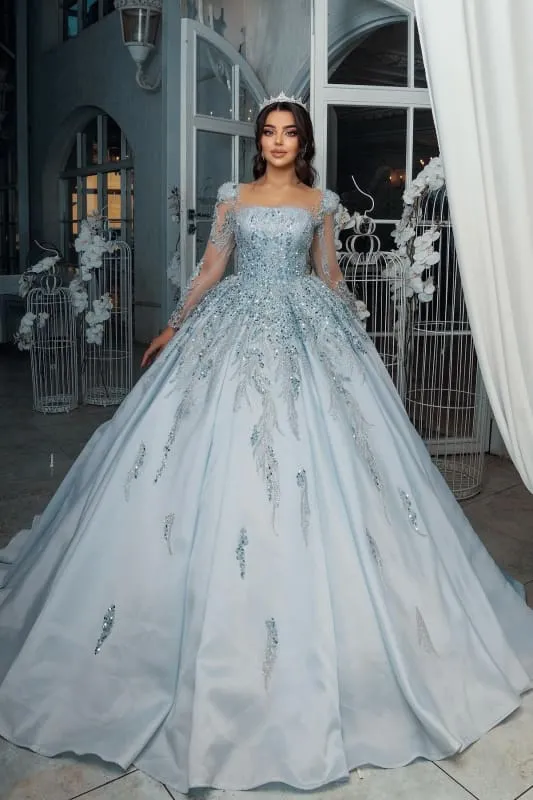 Gorgeous Satin A-Line Wedding Dresses Long Sleeves Square Neck Tulle Appliques Bridal Dress