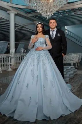 Gorgeous Satin A-Line Wedding Dresses Long Sleeves Square Neck Tulle Appliques Bridal Dress