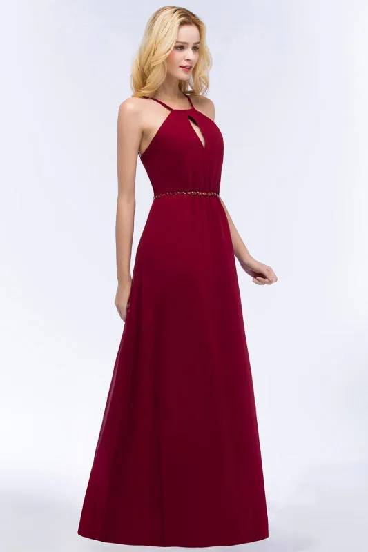 Halter Chiffon Burgundy A-line Wedding Guest Dress