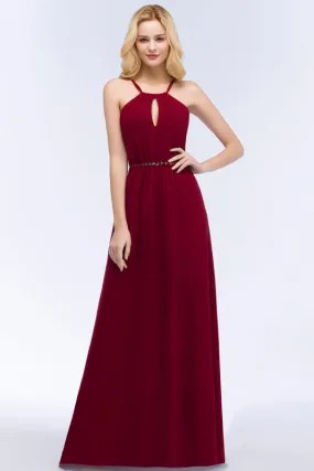 Halter Chiffon Burgundy A-line Wedding Guest Dress