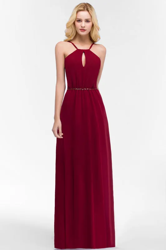 Halter Chiffon Burgundy A-line Wedding Guest Dress