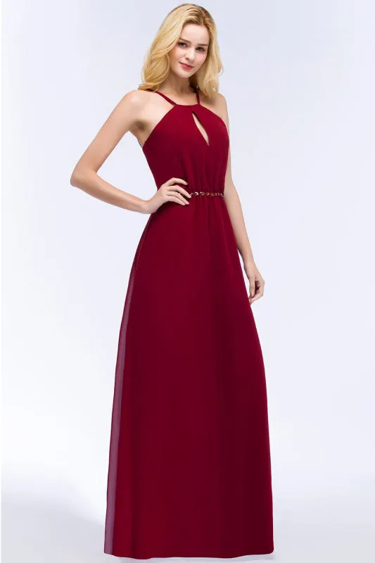 Halter Chiffon Burgundy A-line Wedding Guest Dress