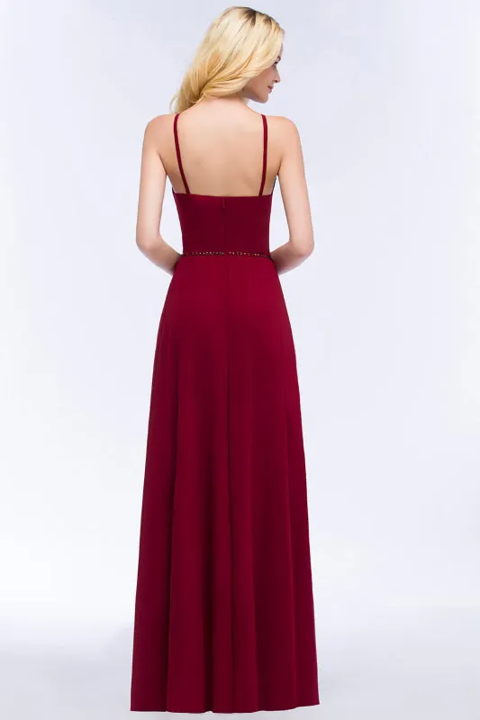 Halter Chiffon Burgundy A-line Wedding Guest Dress