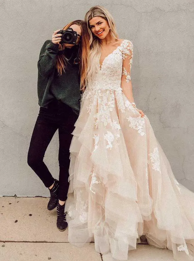 Princess Wedding Dresses with Sleeves,Layered Bridal Dress,WD00326