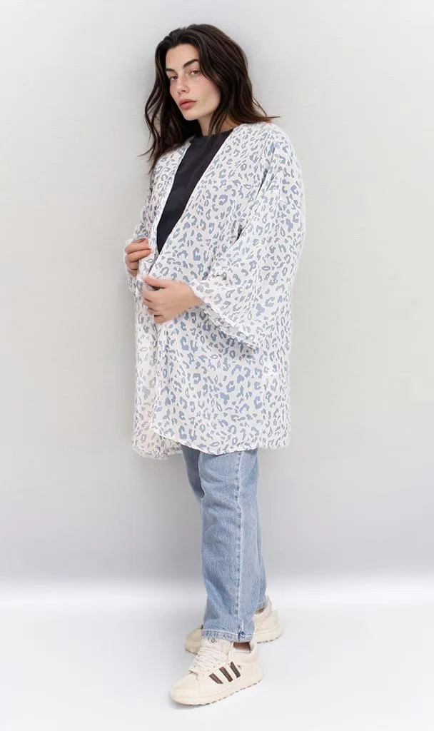 R206344 - Leopard Print Chiffon Kimono - White & Blue