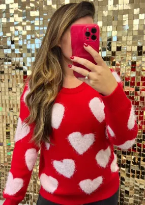 Red & White Hearts Fuzzy Sweater by Simply Southern