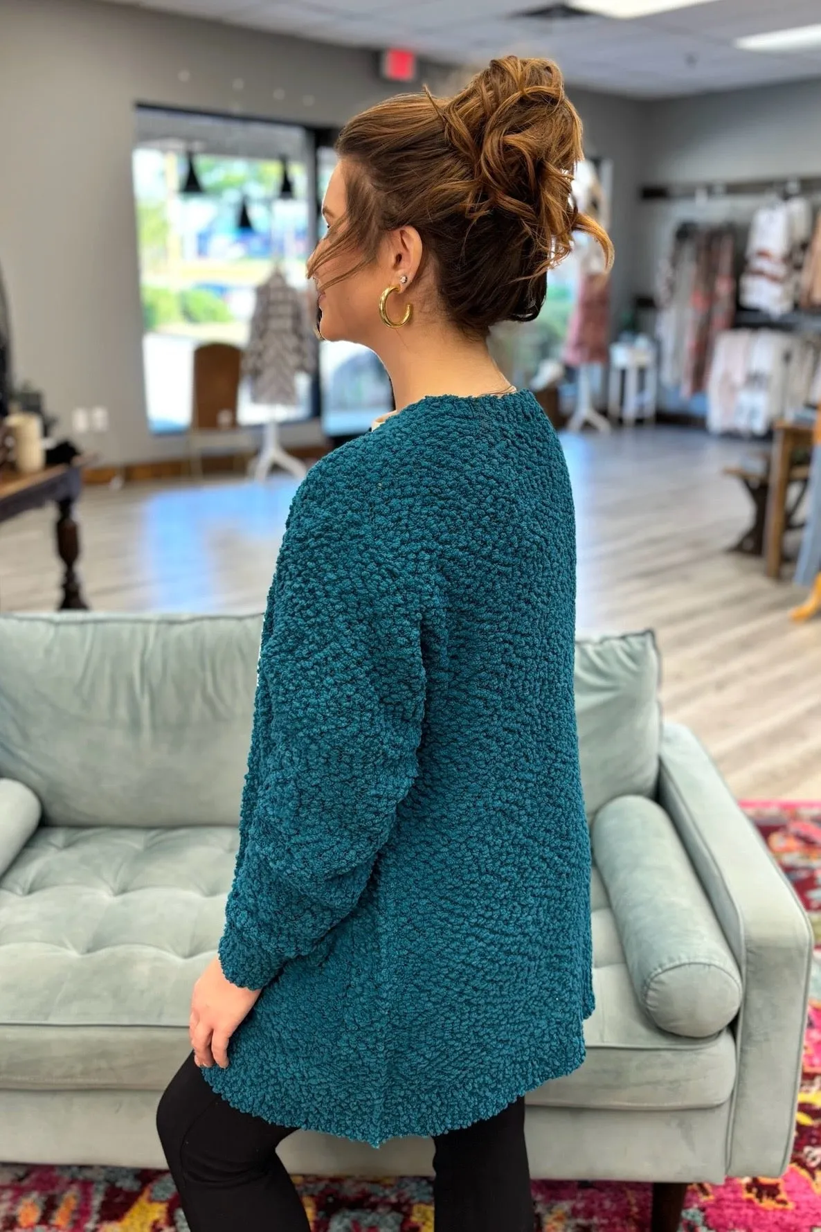 SAGE Popcorn Sweater Cardigan- Teal