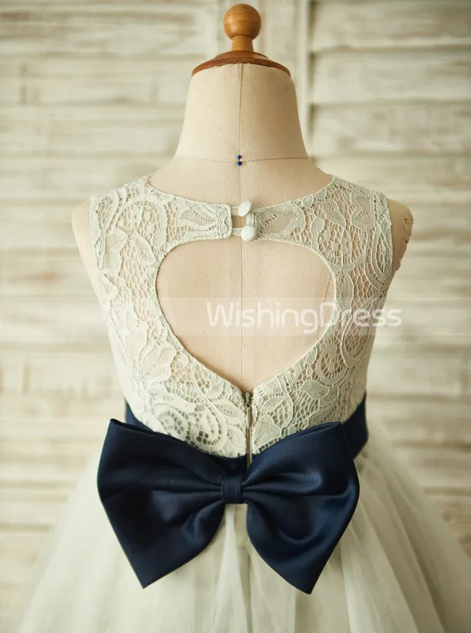 Silver Flower Girl Dresses,Flower Girl Dress with Bow,Tea Length Flower Girl Dress,FD00015