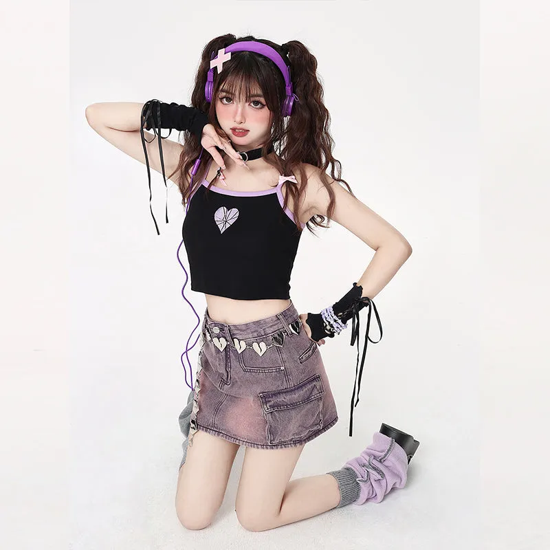 Sweet Style Purple High Waist Denim Skirt