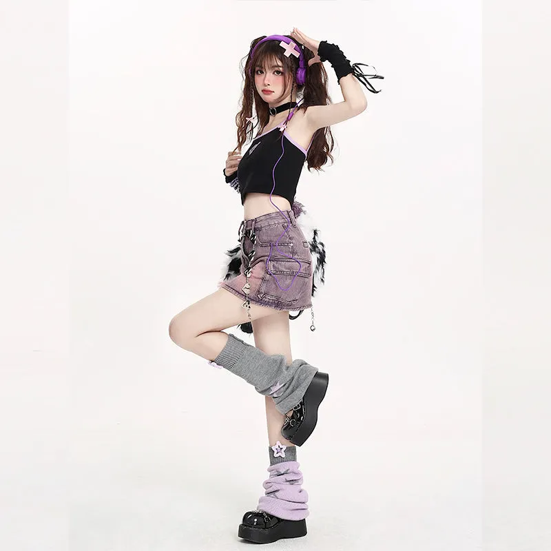 Sweet Style Purple High Waist Denim Skirt