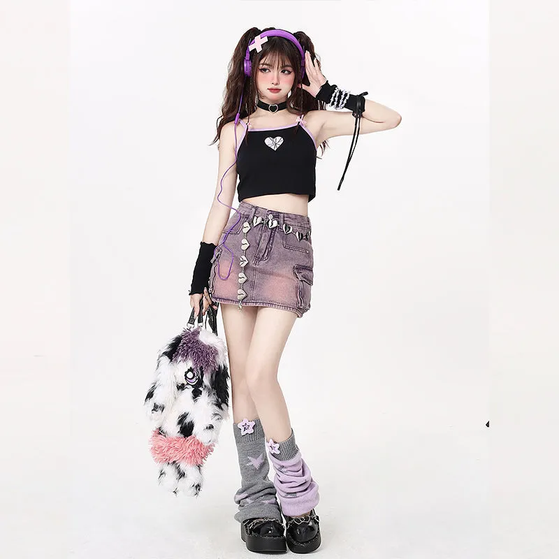 Sweet Style Purple High Waist Denim Skirt