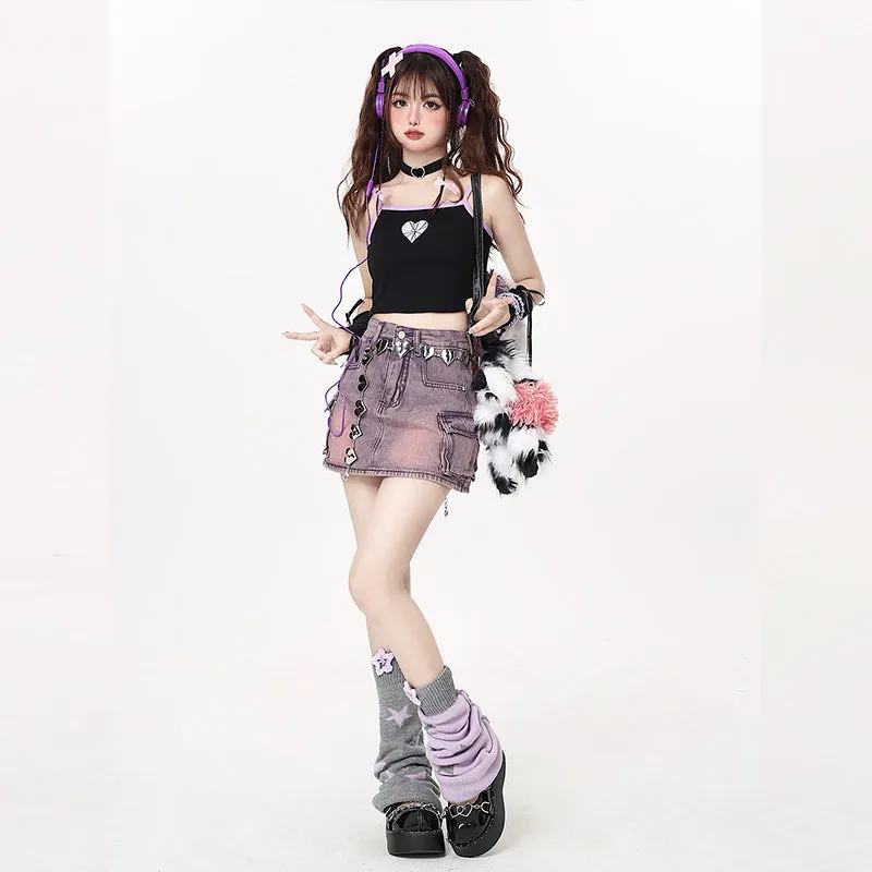 Sweet Style Purple High Waist Denim Skirt