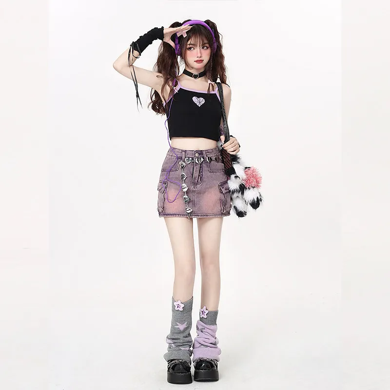 Sweet Style Purple High Waist Denim Skirt