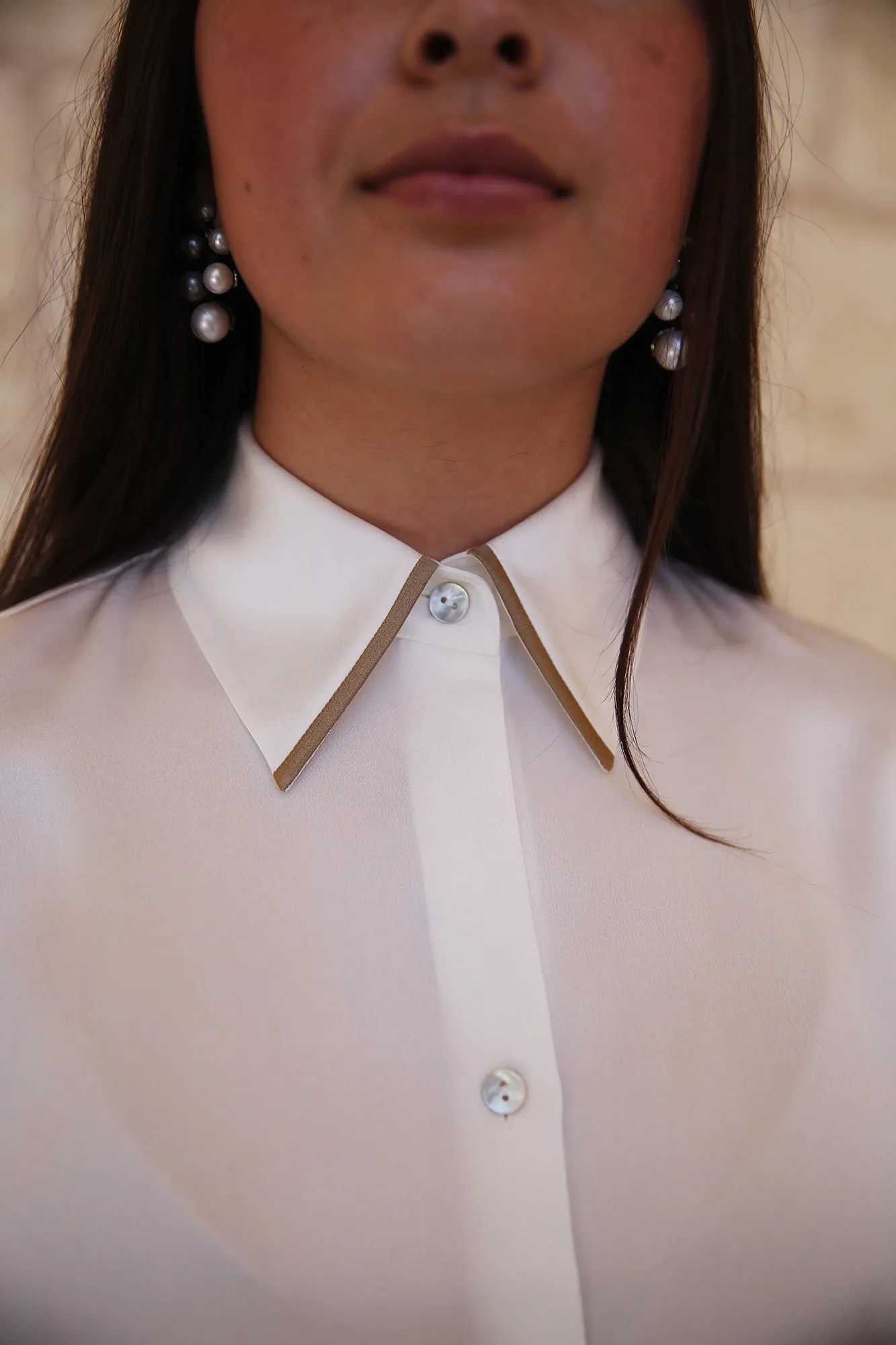 Tipped Slim Long-Sleeve Silk Blouse Off White/Rye